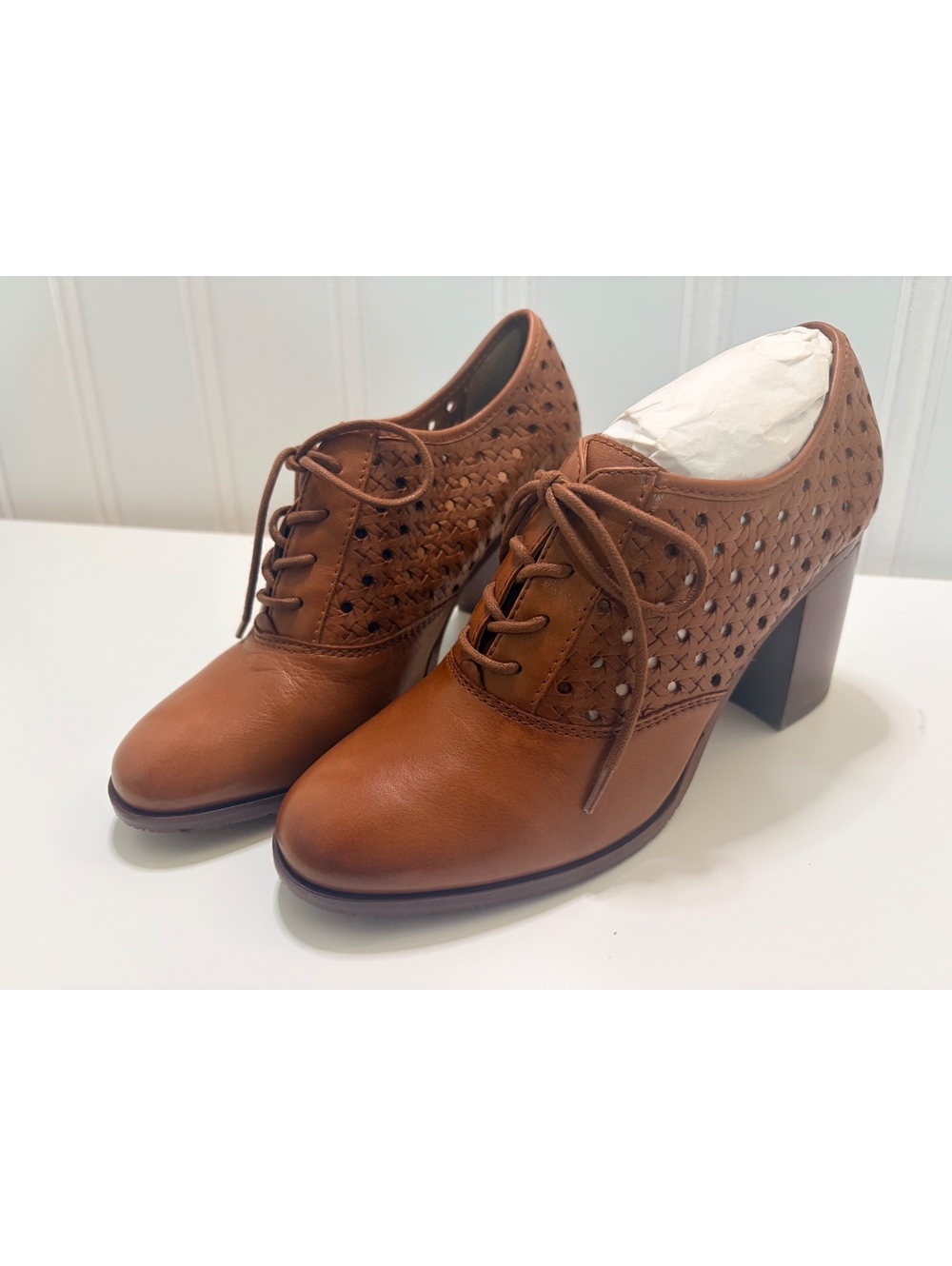 Patricia Nash Brown Leather Woven Cutout Lace-Up Block Heel Booties Size 7